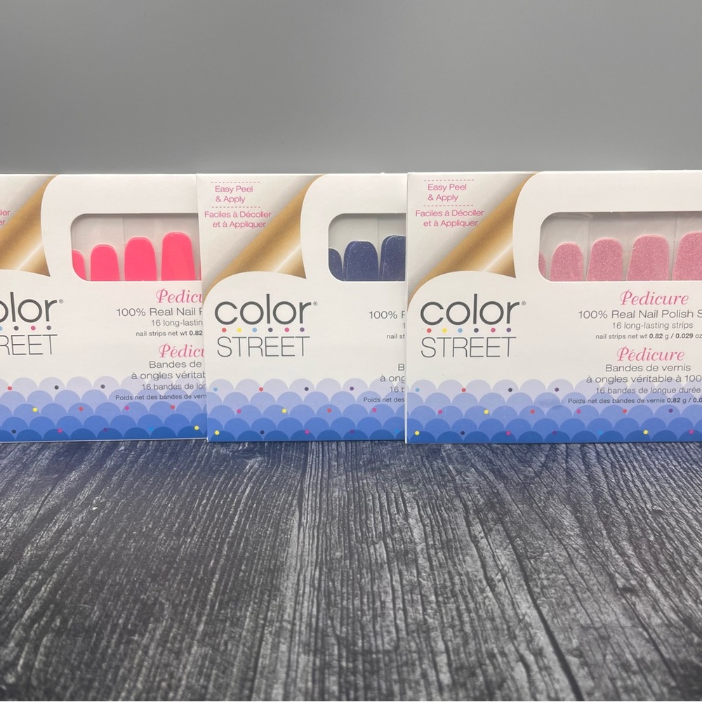 Color Street Pedicure Nail Polish Strips Pink Blue Glitter Lot of 3